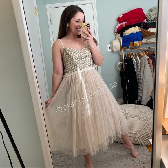 NWT Needle & Thread Nude Blush Pink beaded Top Tulle Empire Waist Maxi Dress 10 - Picture 5 of 12